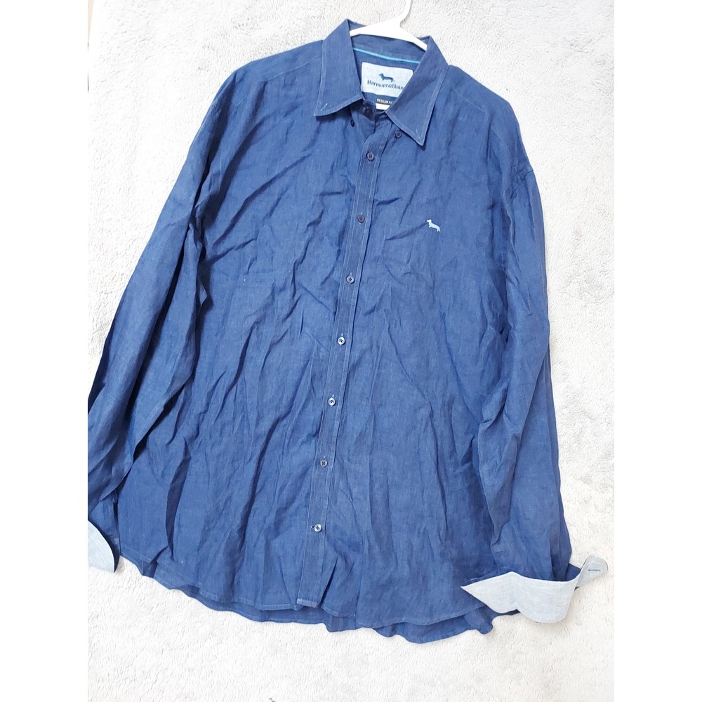 Harmont & Blaine Shirt Mens 5XL Regular Fit Linen Button Down Blue Flip Cuff
